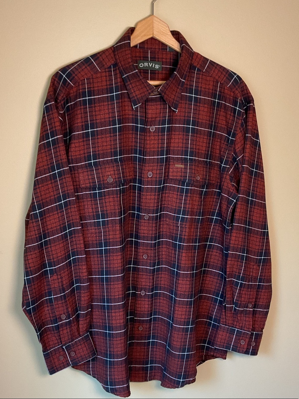 Orvis Men’s Fairbanks Flannel like Red and Black Plaid Button-Down Shirt